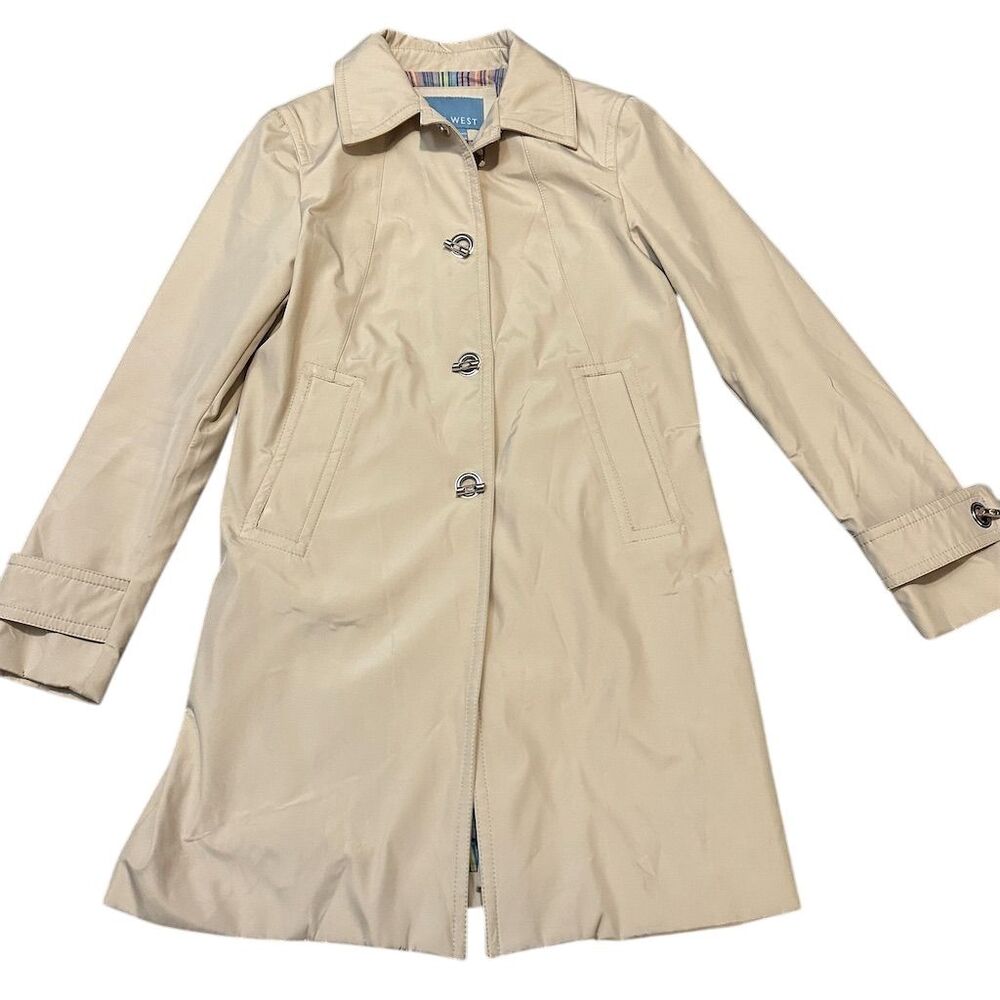 Nine‎ West Women's Beige Trench Coat Size Small Long Button-Up Casual